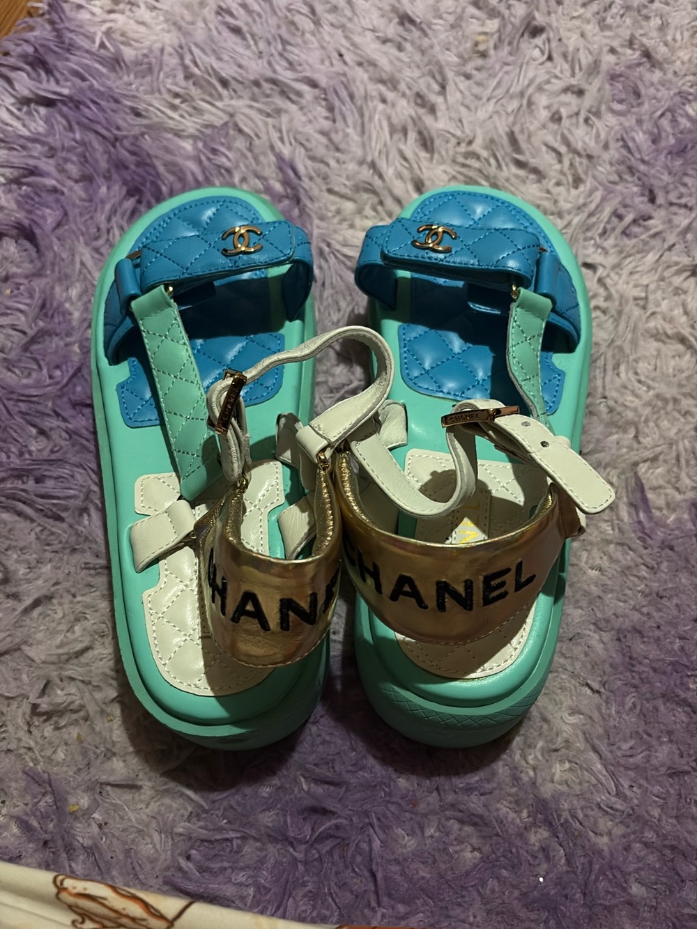 CHANEL Kids Aqua, Teal & Gold Logo Sandals